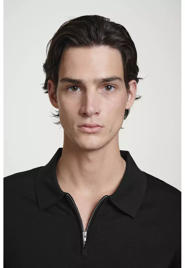 SLIM KNITTED SILK ZIP-UP POLO SHIRT