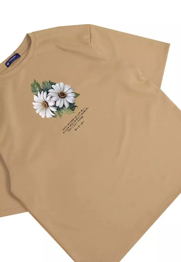 MTT61 Kaos gambar bunga oversize scuba "two daisies" khaki