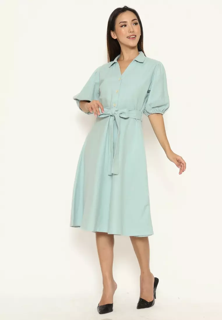 Urban Exchange Scarlet Dress Green - Linen Midi Dress Warna Green