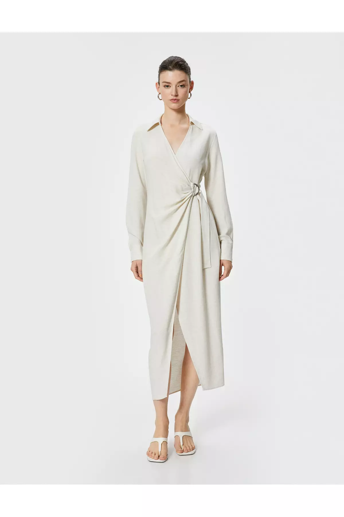 Linen Blend Long Shirt Dress Double Breasted