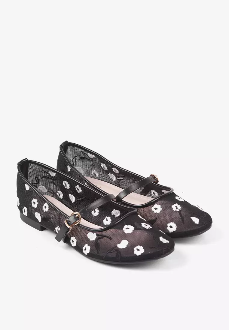 Eloise Mary Jane Mesh Flat Shoes Embroidery Flower Ballerina Black