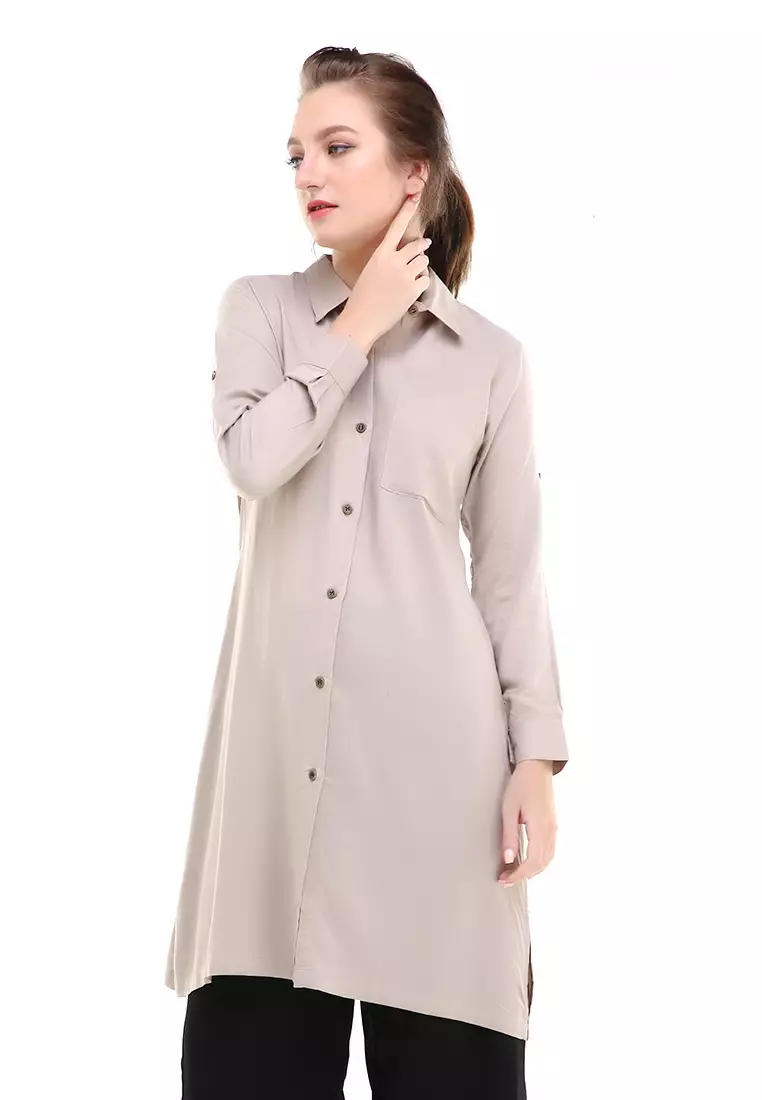 Eleazar Tunik Long Sleeve Motif Solid Design Casual Atasan Wanita Regular Fit - Nude