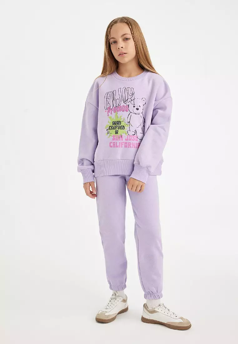 2-Piece Set Printed Crew Neck Thick Sweatshirt Elastic Waist Jogger Tracksuit