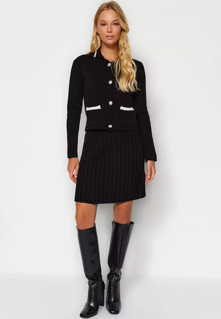 Buttoned Cardigan with Skirt Set