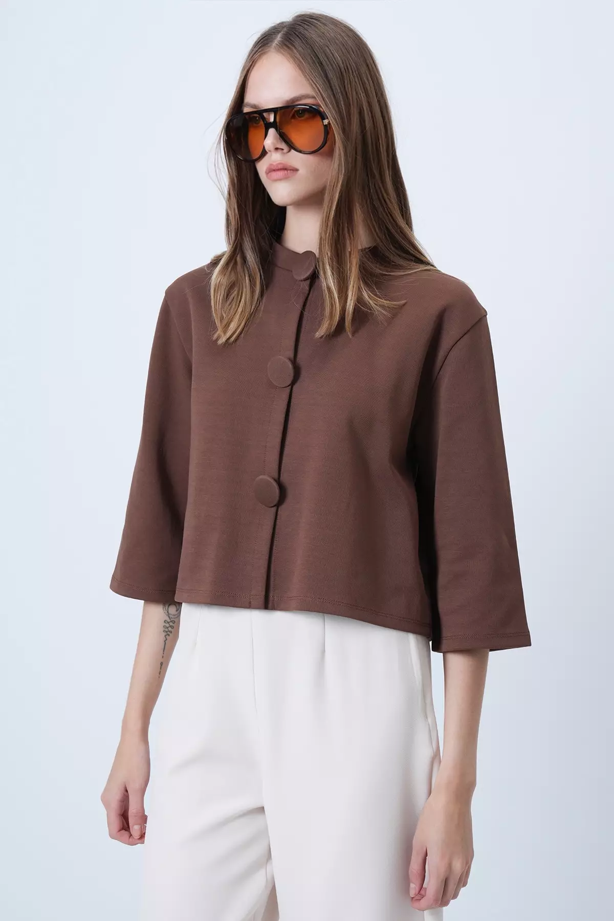 Brown Coated Buttoned Crew Neck Special Design Crop Jacket Alc-X14647