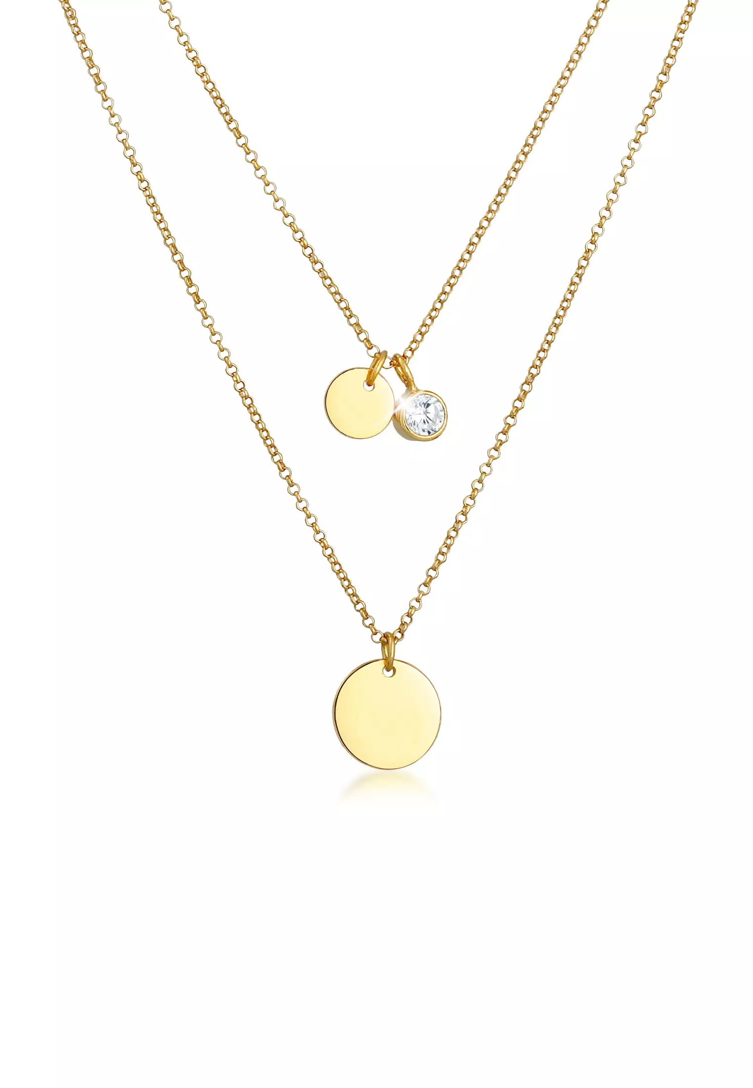 Necklace Plate Pendant 2-Layer Cubic Zirconia Crystals Gold Plated