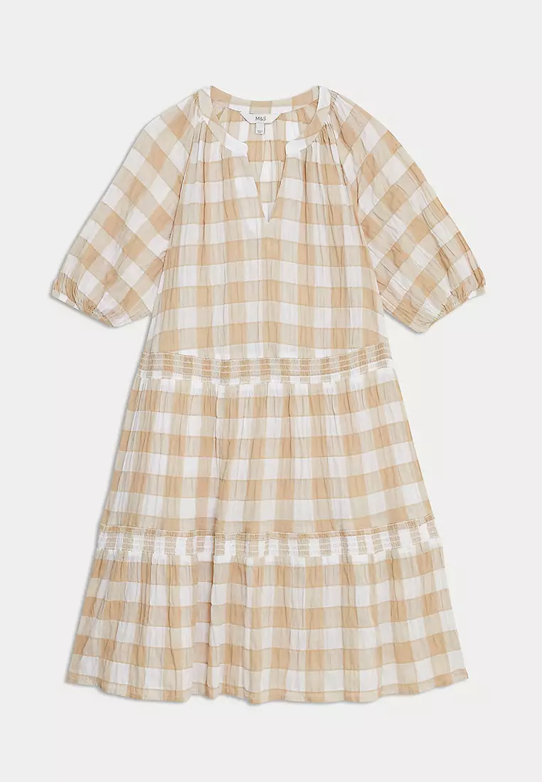 Cotton Rich Checked Mini Tiered Dress