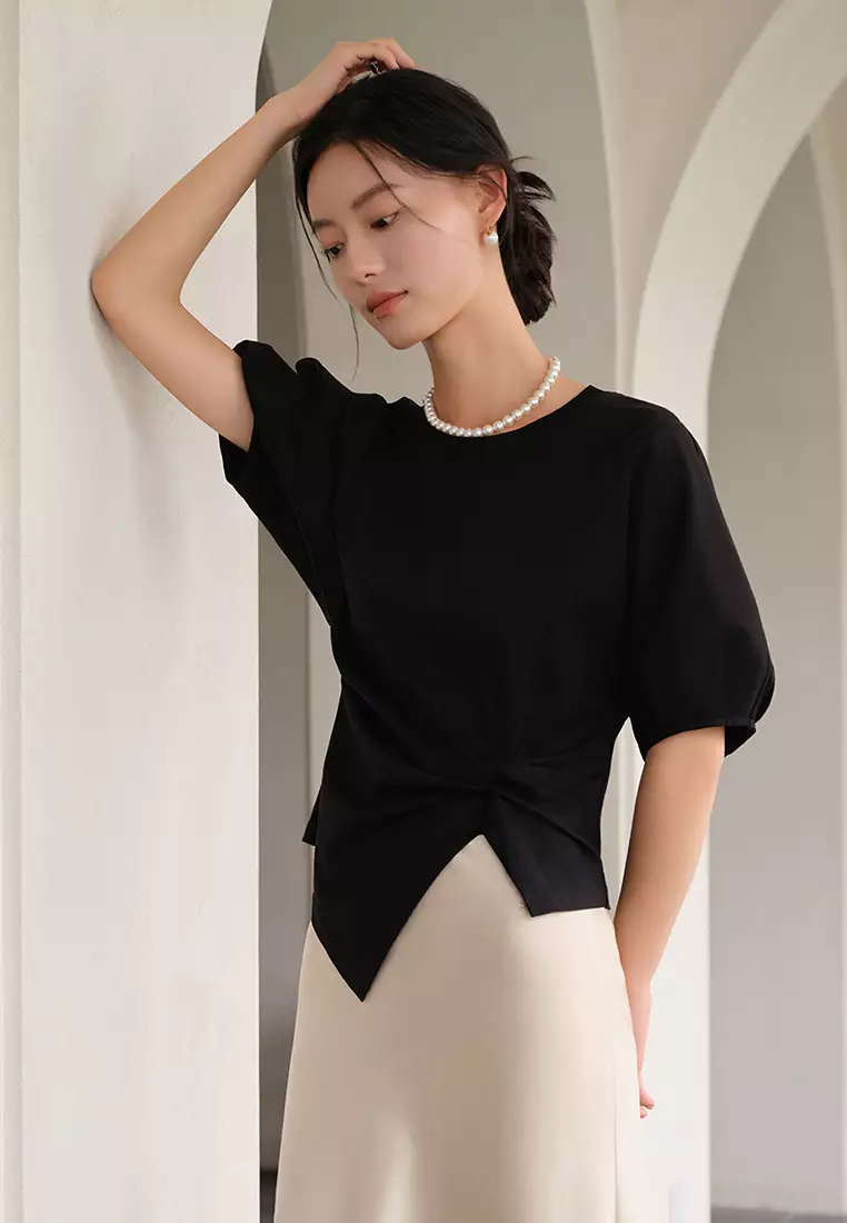 Summer knitted unique waist puff sleeve top CA25061716BK