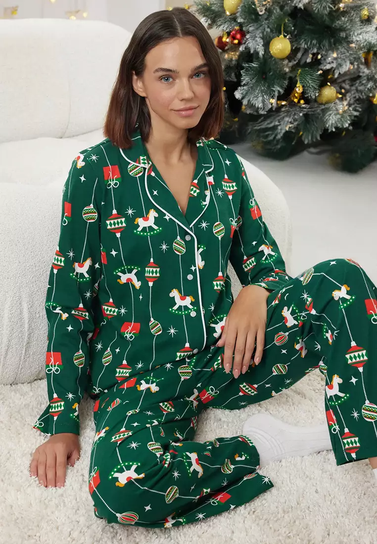 Green 100% Cotton Christmas Themed Knitted Pajama Set THMAW25PT00172