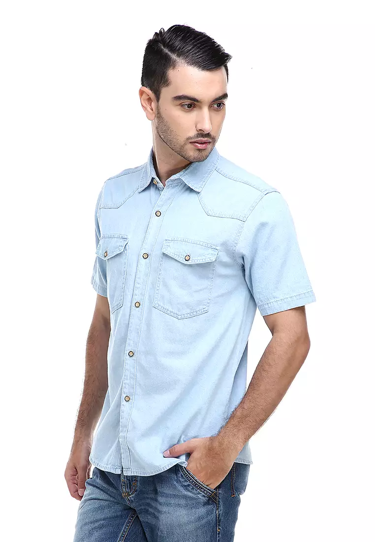 Dwan Shirt Kemeja Pria Kasual Lengan Pendek Material Jeans Premium ORIGINAL - Light Blue