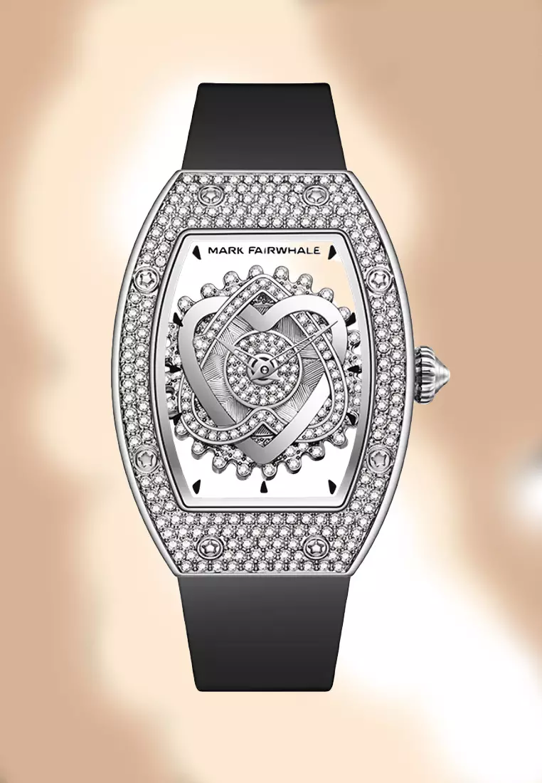 Ladies Barrel Shape Stainless Steel Quartz Watch, See through dial, Black Rubber Strap