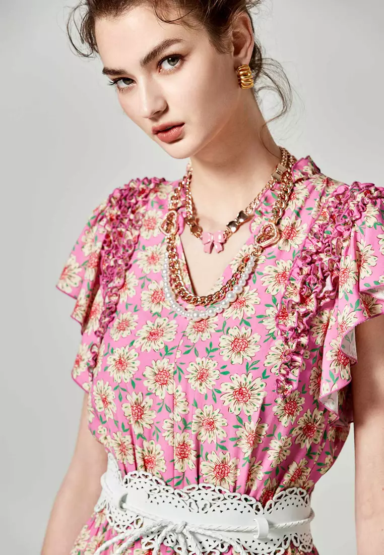 Floral Print With Flutter Sleeve Maxi Dress