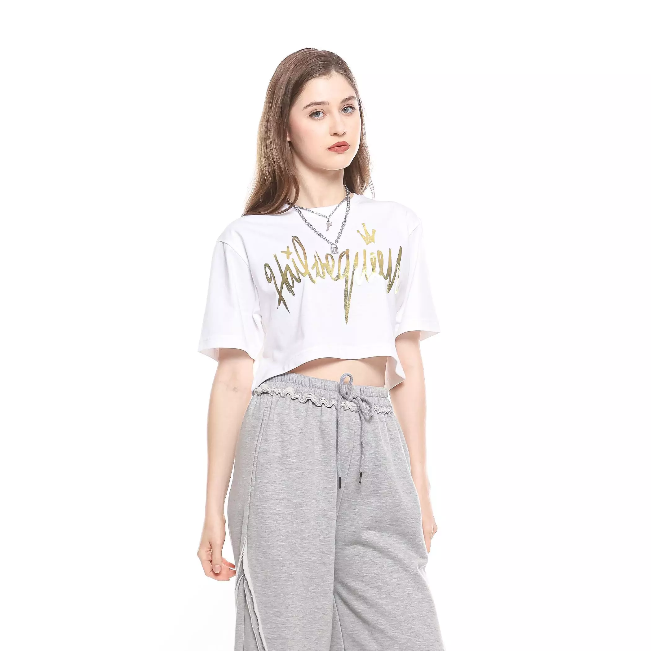 Enough For Today - Kaos Crop Oversize Wanita HailtheQueen Putih Gold