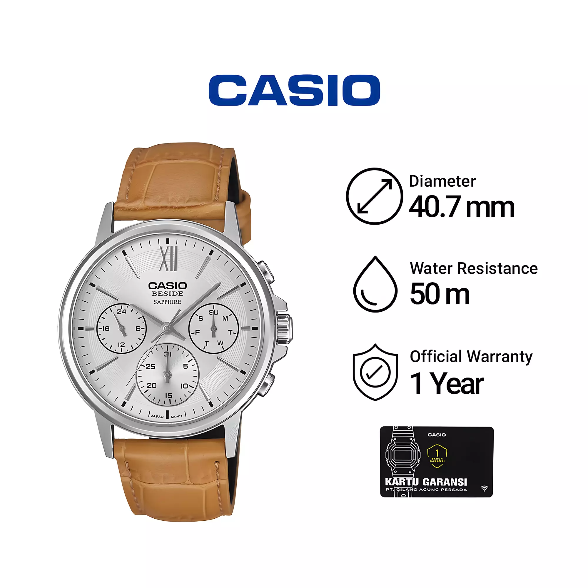 Casio Beside Sapphire Glass - Jam Tangan Chronograph Pria - Silver Case - Brown Leather Strap - BMS-300L-5AV