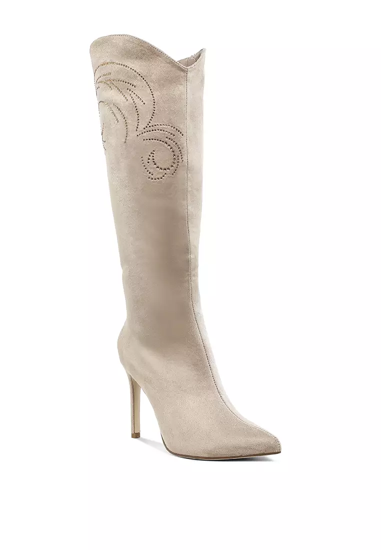 Rhinestone Patterned Calf Boots in Beige