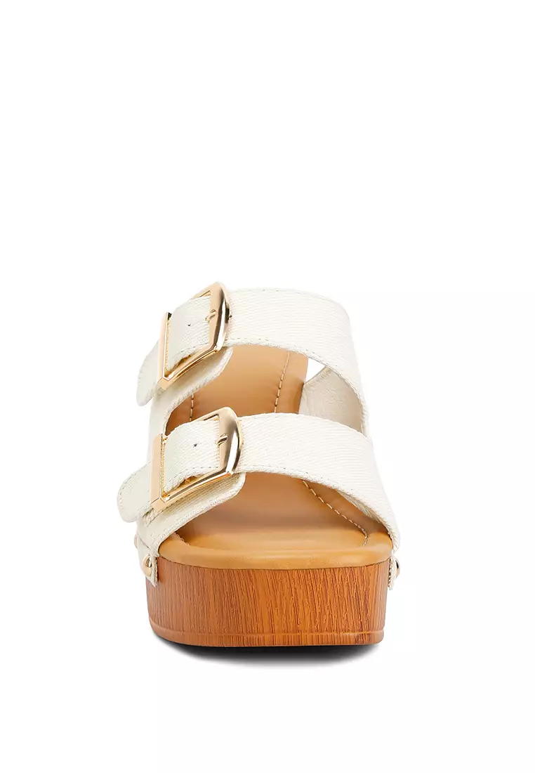 Bakiak Hak Blok Tinggi Tali Gesper Krem