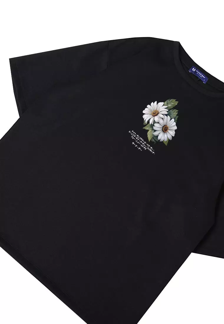 MTT63 Kaos gambar bunga oversize scuba "two daisies" hitam