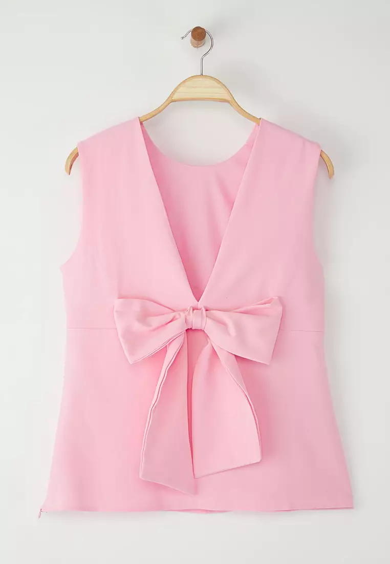 Pink Sleeveless Backless Bowknot Stylish Woven Plus Size Blouse TBBSS25AF00089