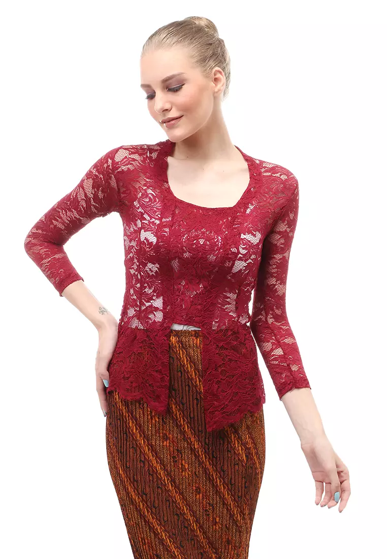 Hara Kebaya Seri 1 Motif Brokat Long Sleeves Atasan Wanita Transparan Premium Quality - Maroon