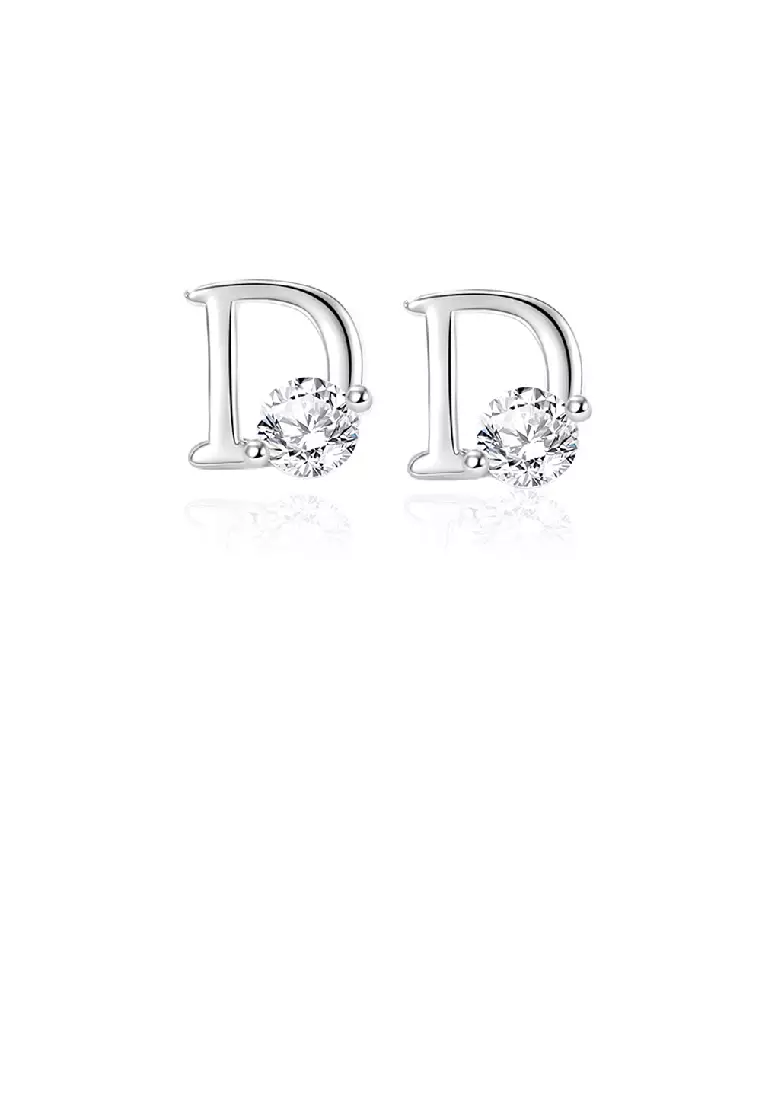 925 Sterling Silver Simple Fashion Alphabet D Stud Earrings with Cubic Zirconia