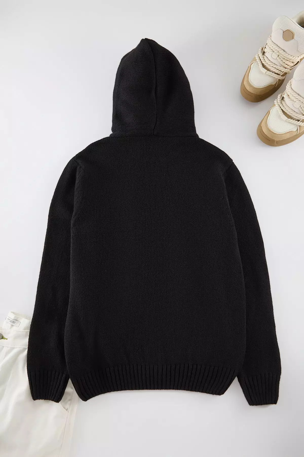 Black FL Men's Regular Hooded Plain Knitwear Cardigan TMNAW20HI0066