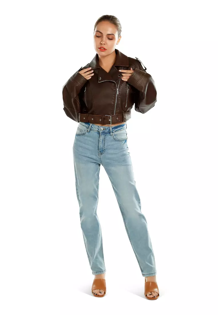 Cropped Biker Jacket in Brown