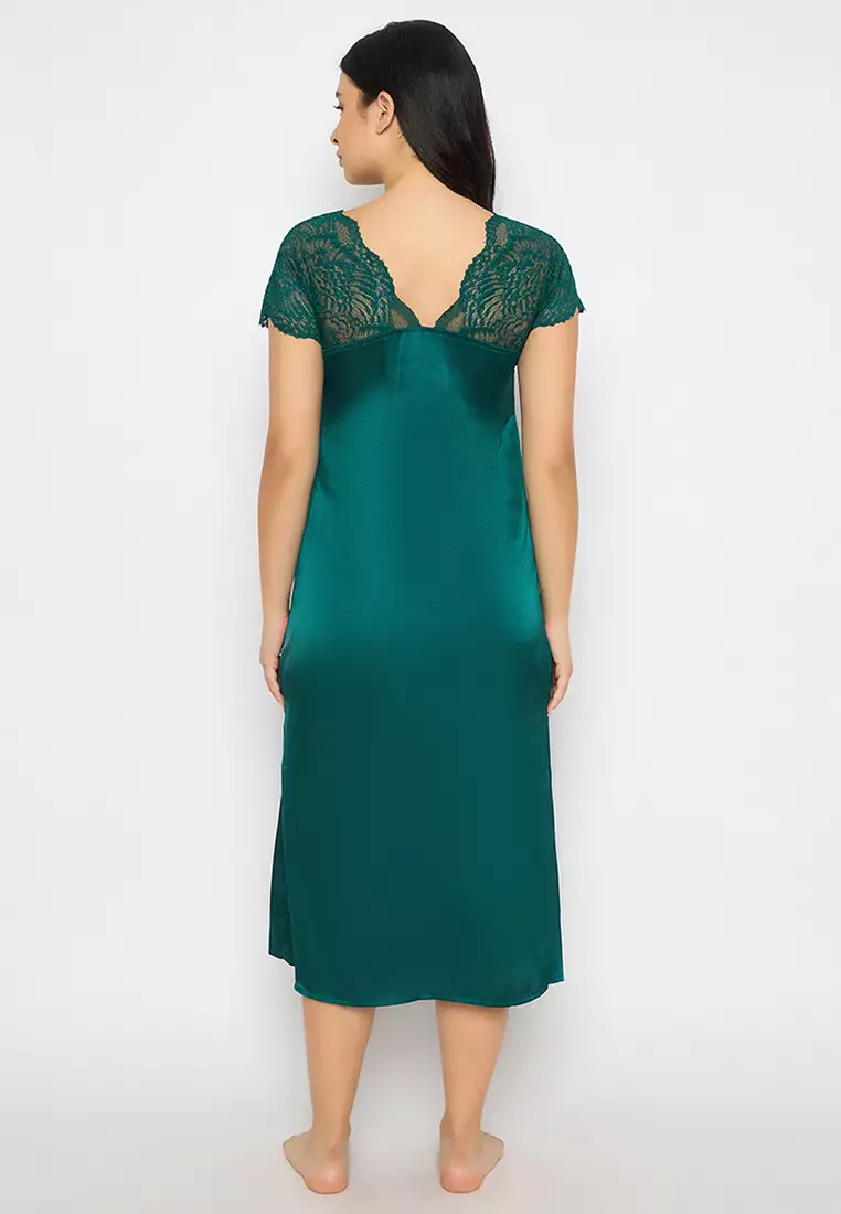Clovia Chic Basic Padded Night Dress in Dark Green - Satin
