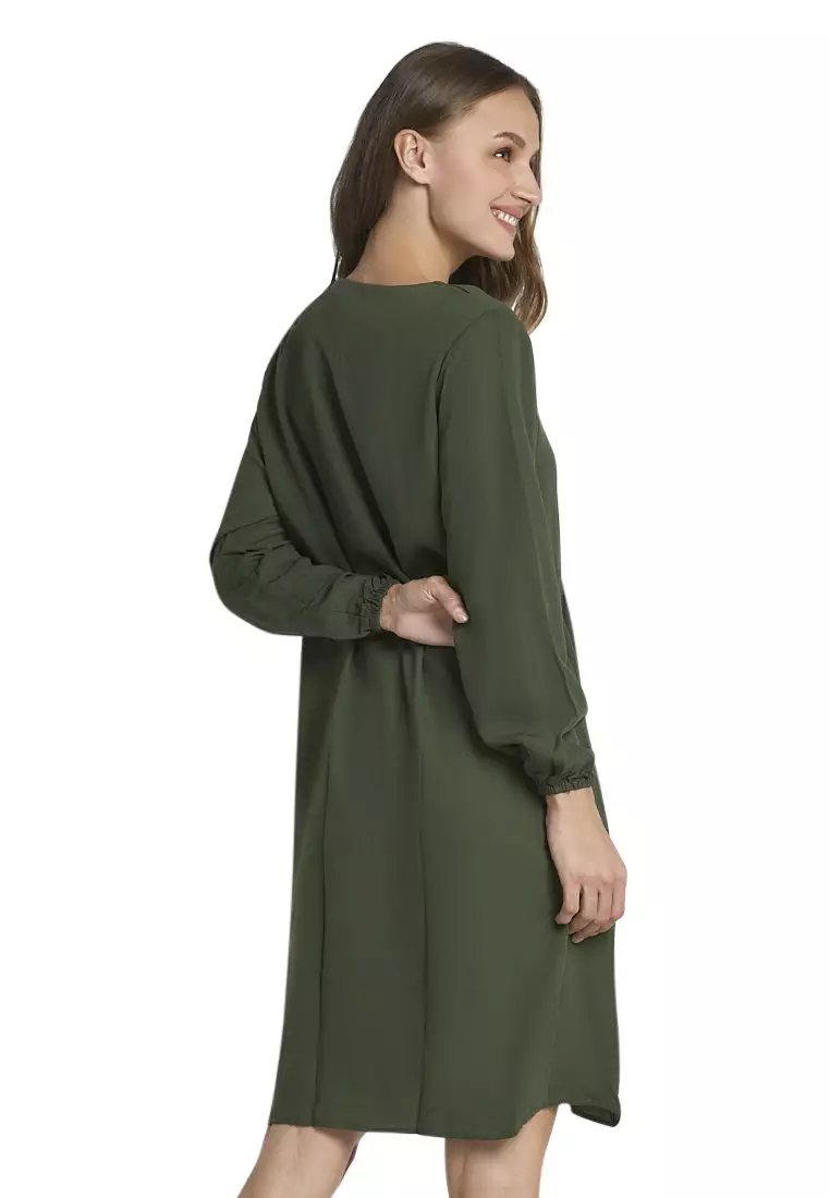 Leyna Mini Dress Wanita Long Sleeves Motif Solid Design Casual Regular Fit - Army