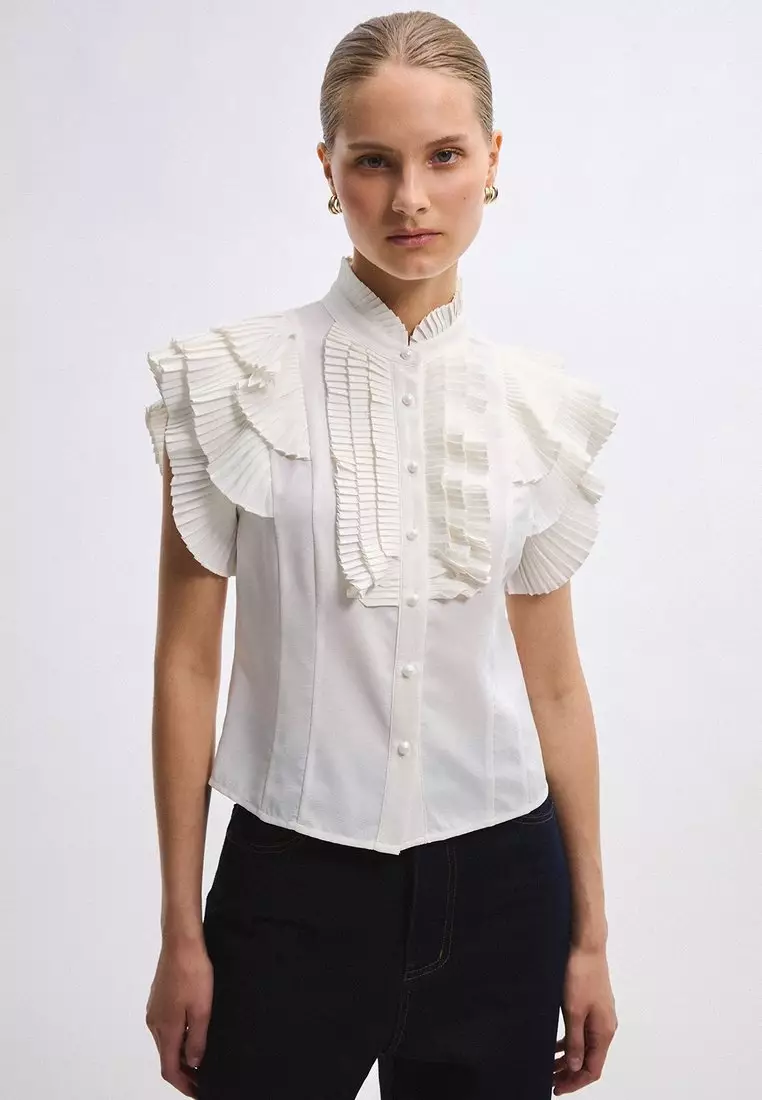 Ruffled Placket Top - White