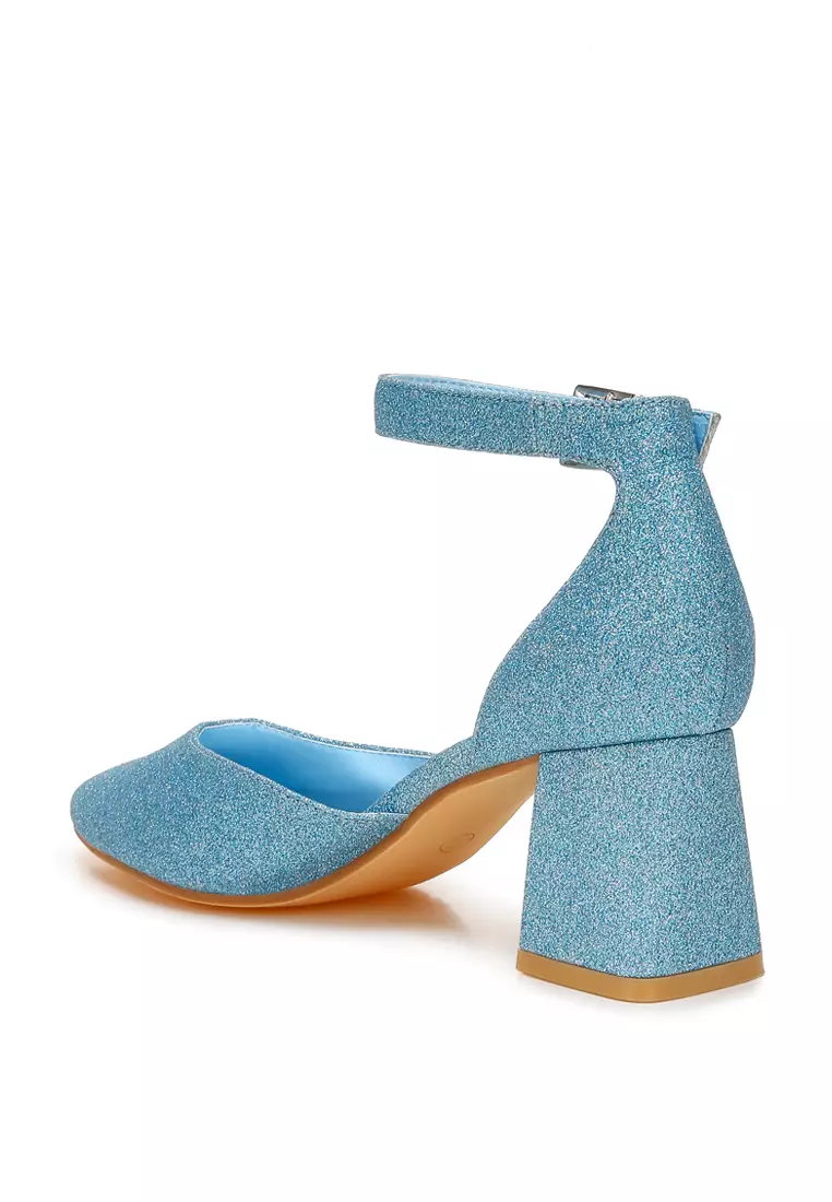 Sandal Tumit Blok Berkilau Warna Biru
