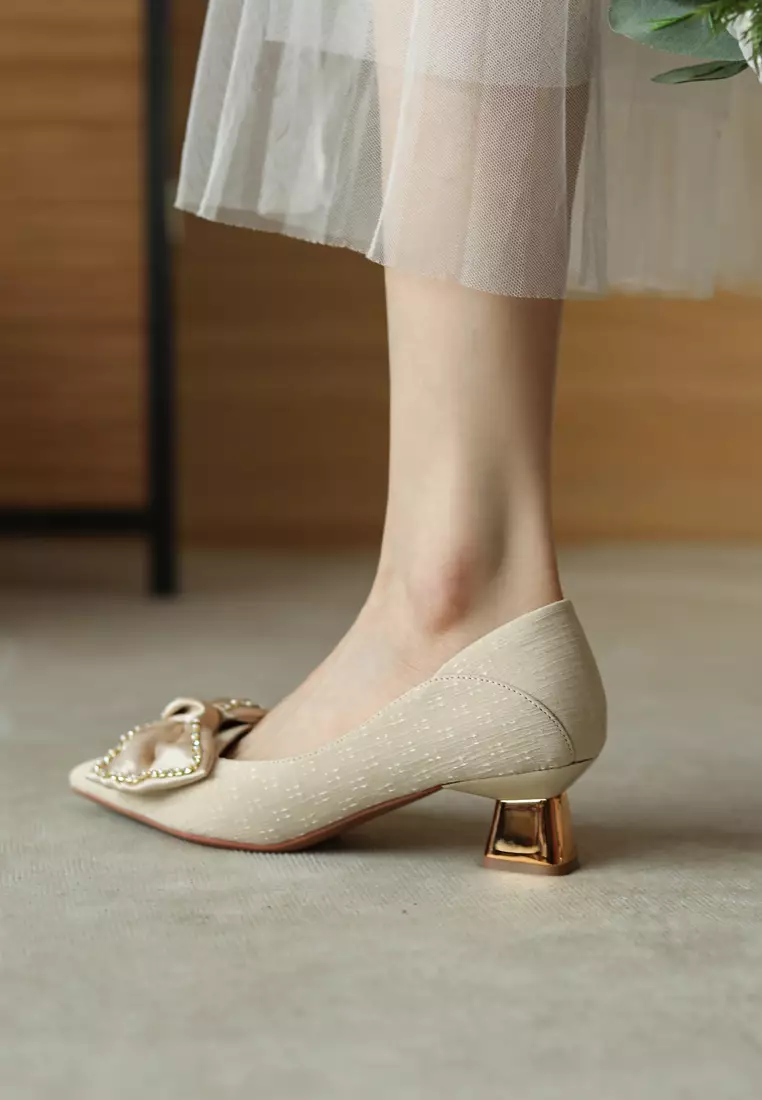 5CM Rhinestones Bow Pointy Mid Heel Shoes XJ568-15