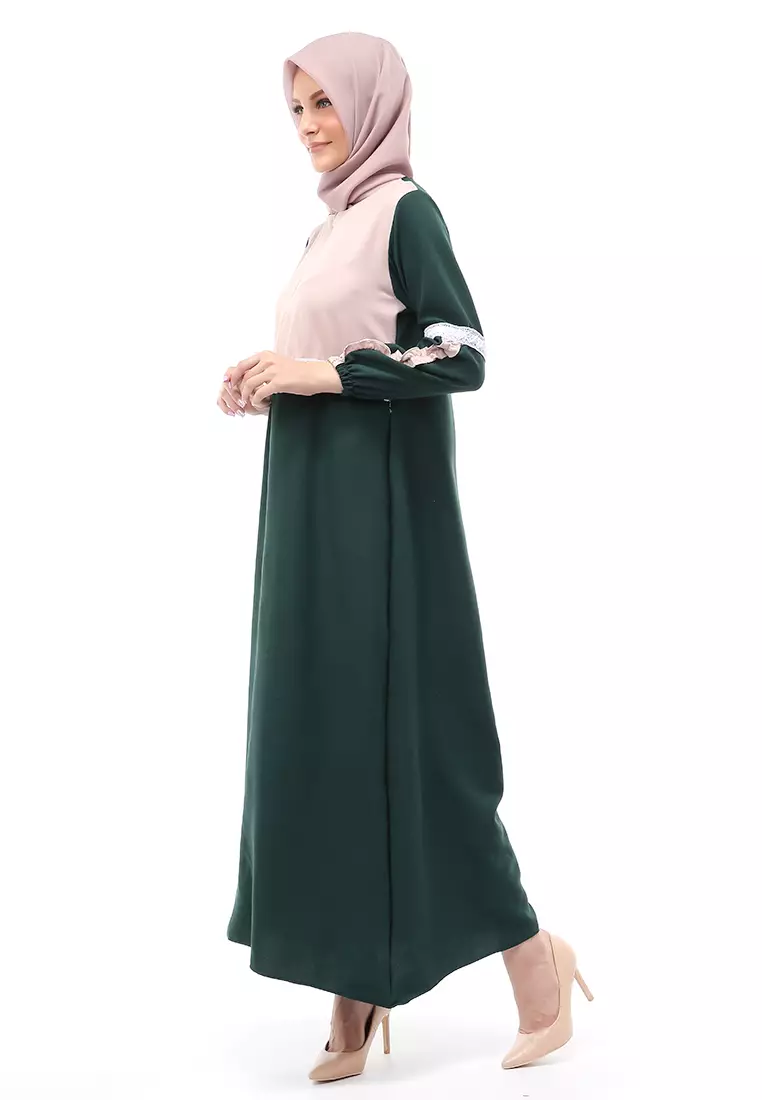 Velicia Gamis Muslimah Wanita Motif Polos Long Sleeve Regular Fit - Hijau Botol
