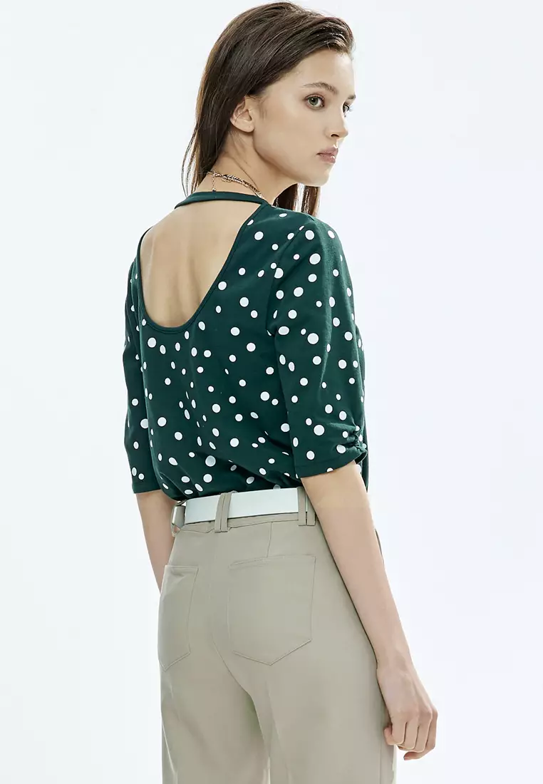 White Dotted Print Green Top