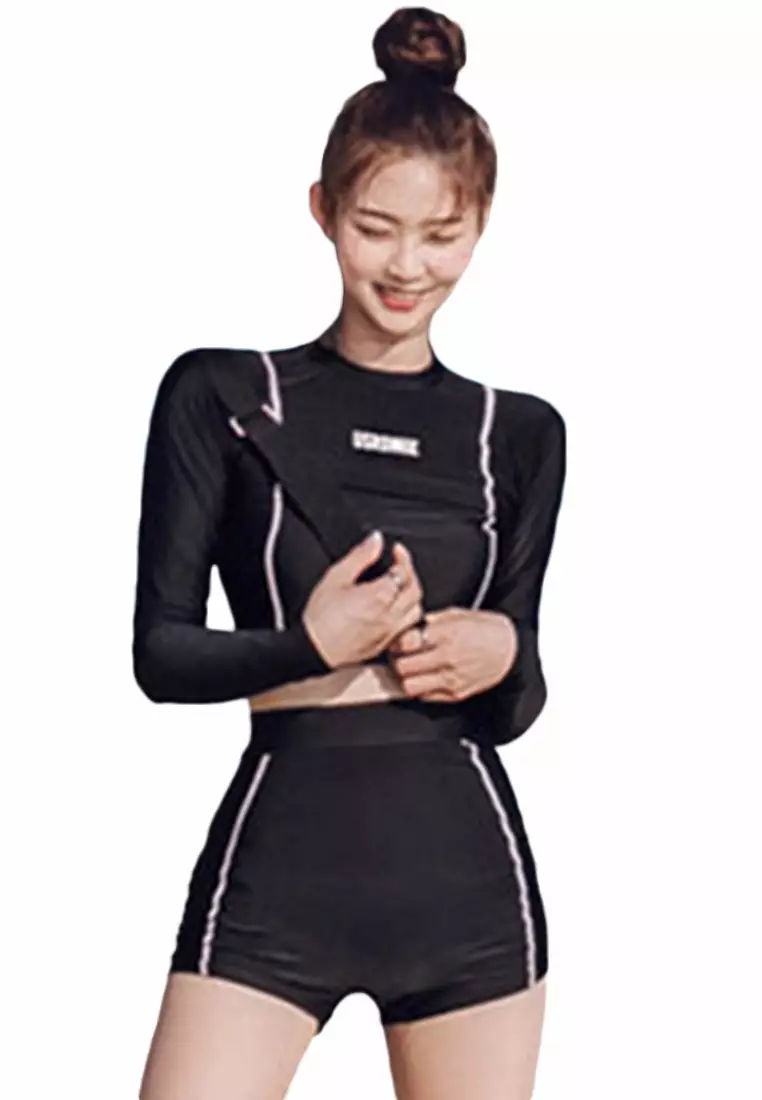 Conservative Long Sleeve Boxer High Waist Diving Split Swimsuit A22031727