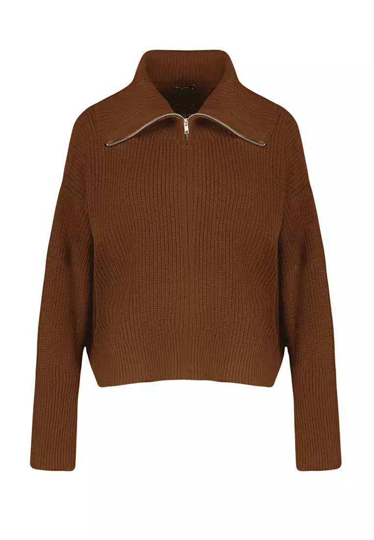 Light Brown Wide Fit Turn Down Collar Zipper Knitwear Cardigan