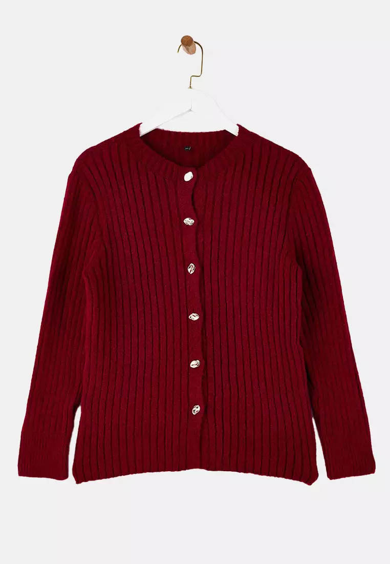 Burgundy Button Detailed Soft Textured Slit Detailed Knitwear Cardigan Tbbaw26Av00053