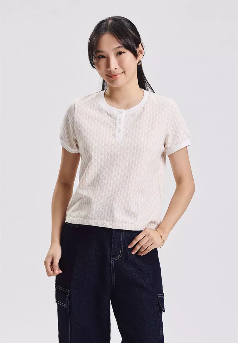 Hearts Print Henley Jacquard Top