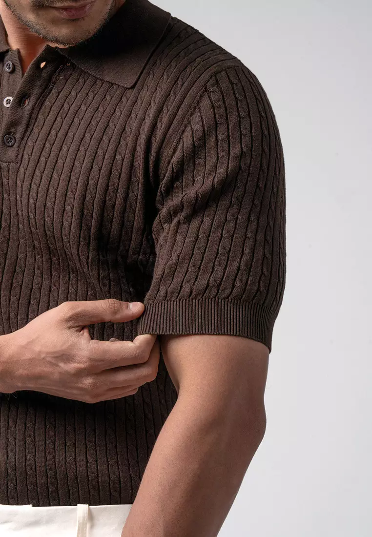 Mens Cable Knit Cotton Polo Dark Brown