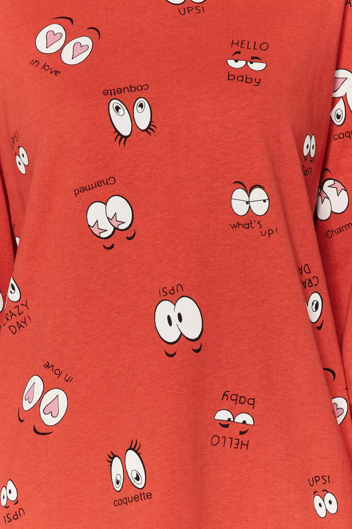 Cinnamon 100% Cotton Eye Patterned T-Shirt-Jogger Knitted Pajama Set