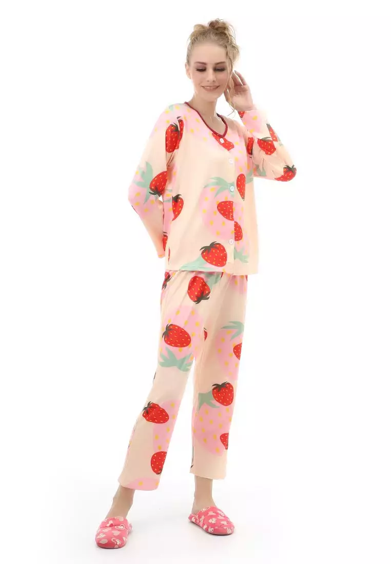 Vance Setelan Piyama Baju Tidur Wanita Lengan Panjang Strawberry Motive Material Cotton ORIGINAL - Cream