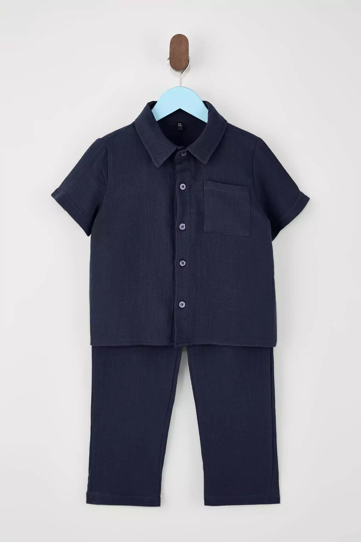 Navy Blue Textured Boy'S Holiday Woven Top And Bottom Set Tkdss26Au00014