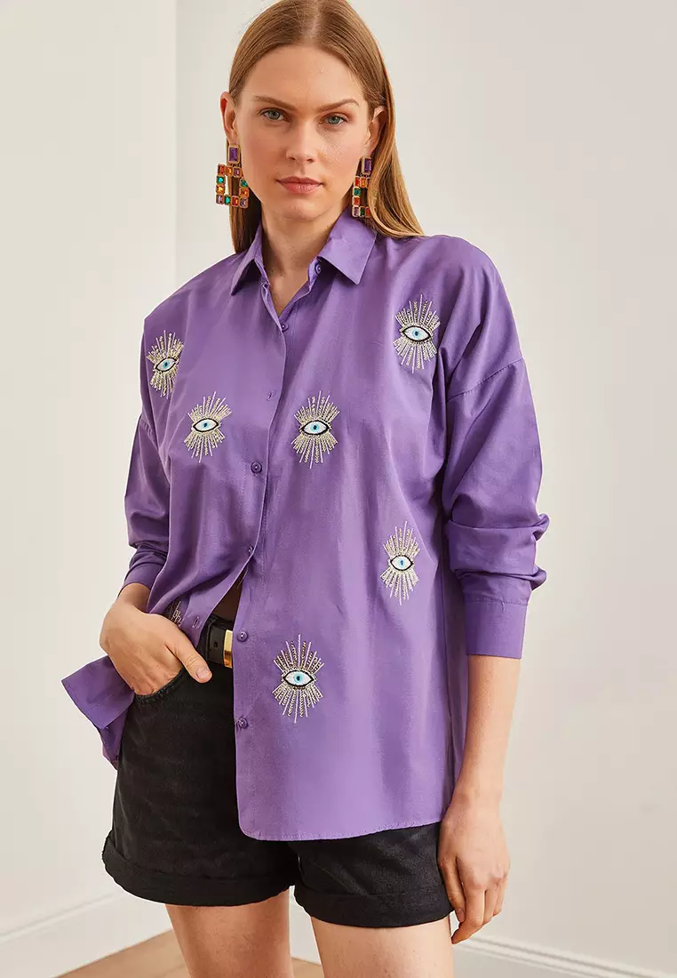Eye Sequin Detailed Woven Boyfriend Shirt