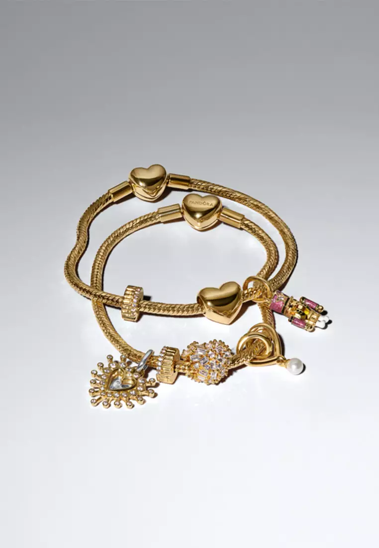 Pandora 14K Gold Plated Heart Clasp Faceted Snake Chain Bracelet