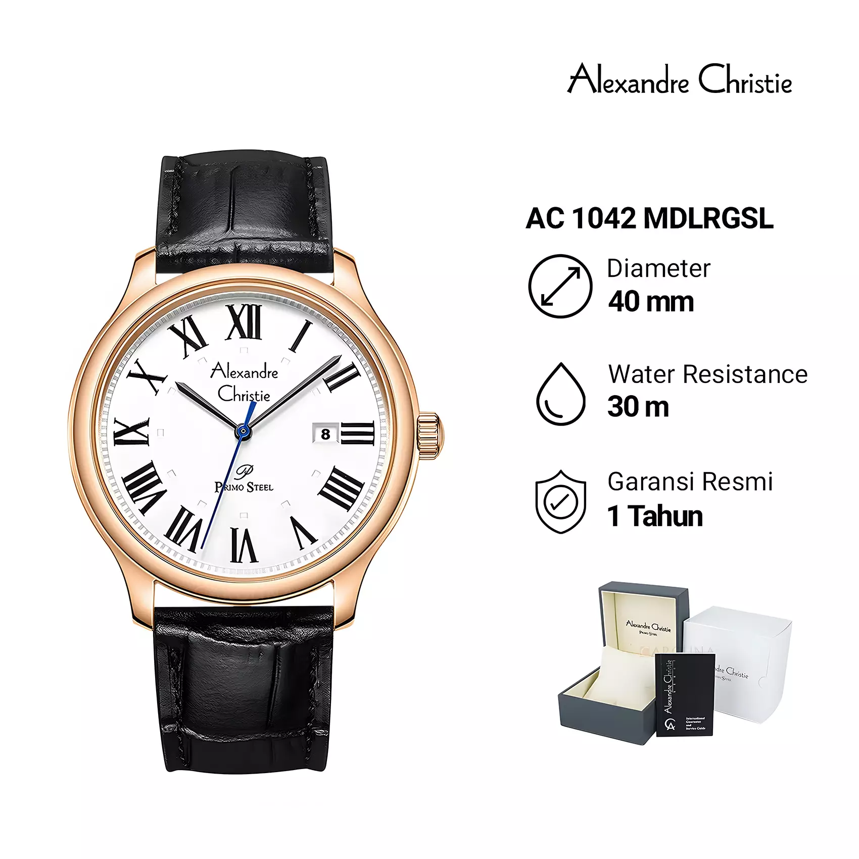 Alexandre Christie Primo Steel - Jam Tangan Analog Pria - Rose Gold Case - Black Leather Strap - 1042 MDLRGSL