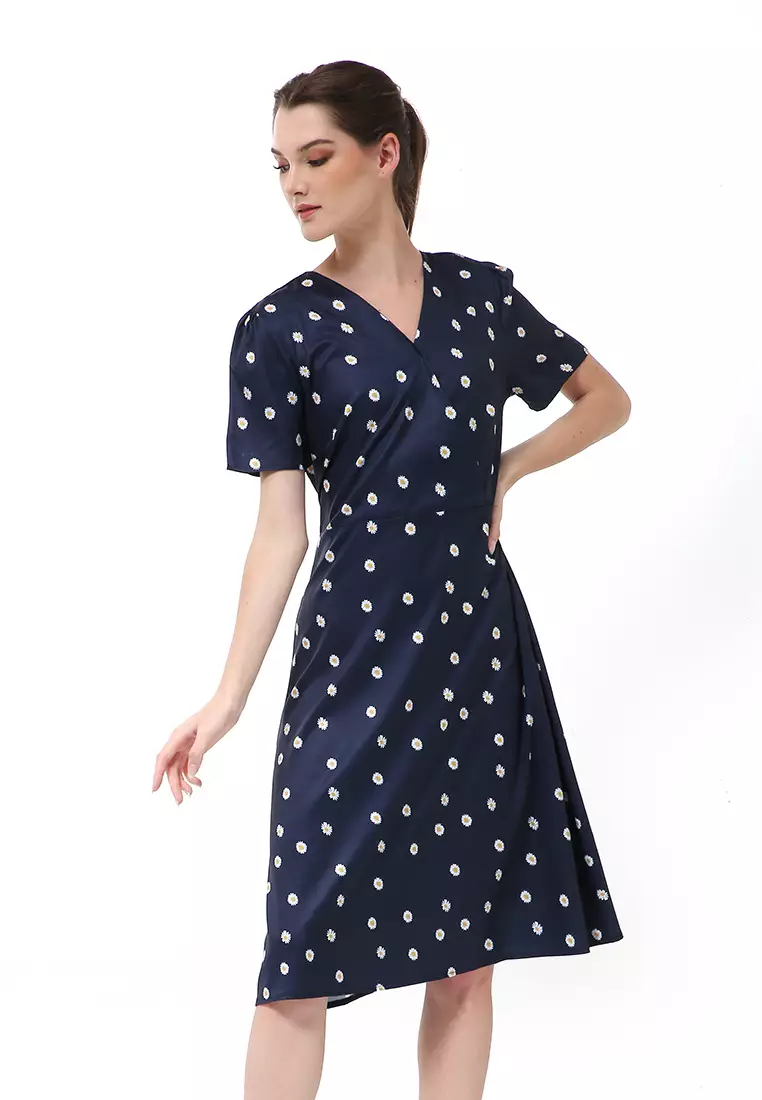 Rachel Dress Wanita Lengan Pendek Motif Polka Material Chiffon ORIGINAL - Dark Blue