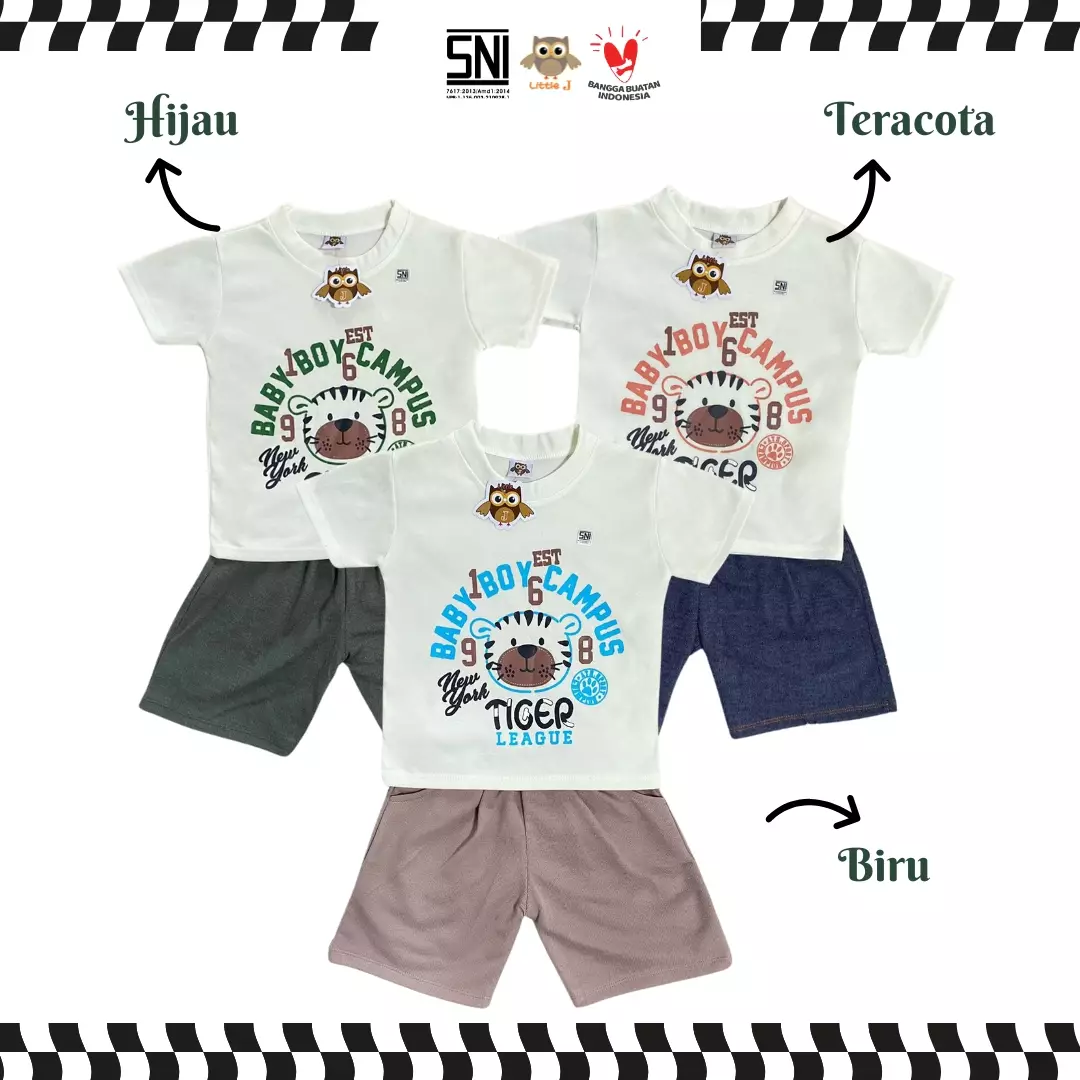 Little J - (1721 coklat susu) Setelan Anak Laki-Laki Baby Boy Campus Tiger  Baju Anak Cowok Set Kaos + Celana Pendek Size 12-36 Bulan