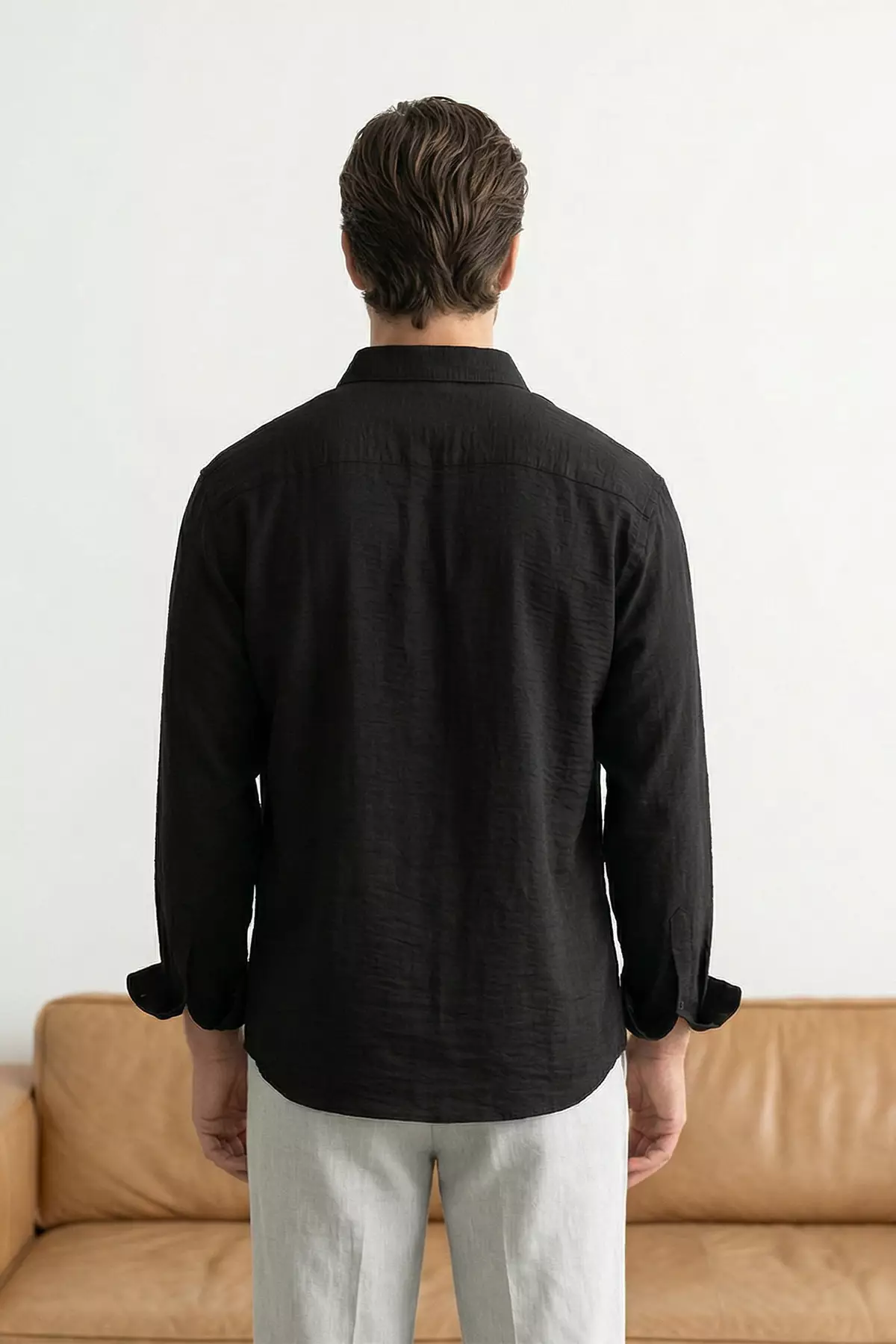 Black Linen Textured Long Sleeve Semi Oversized Male Shirt Tmnss26Go00036