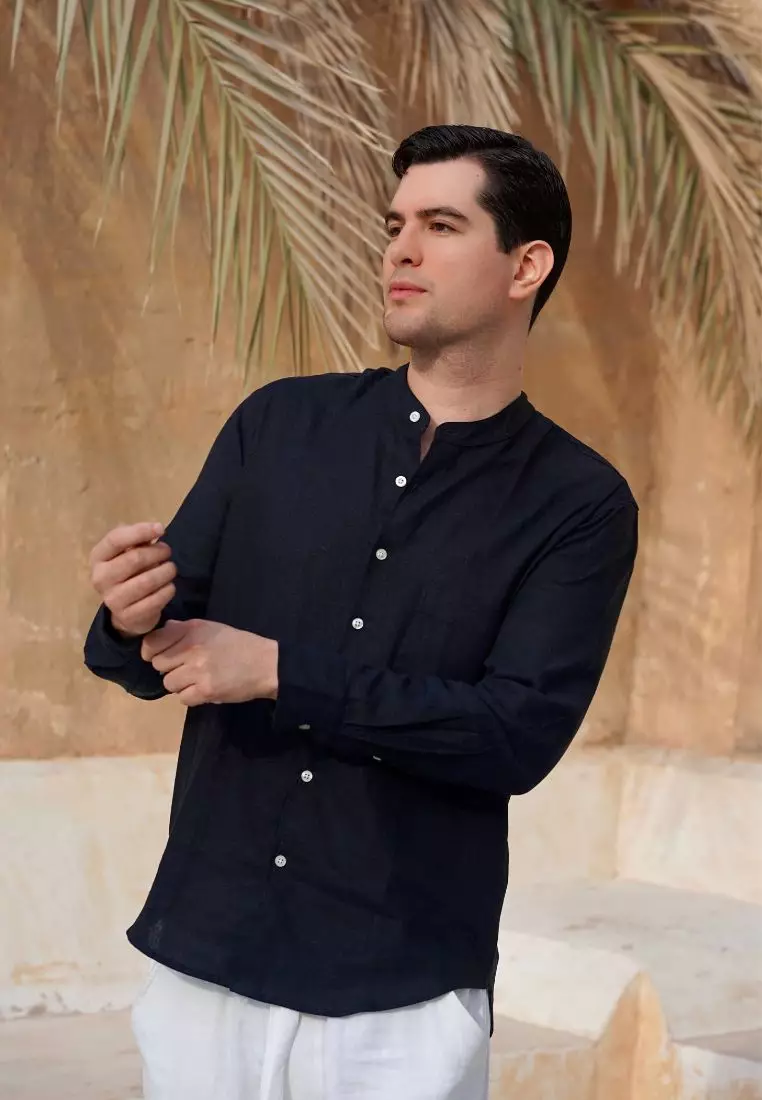 Black Sea Kemeja Linen Lengan Panjang Pria Hitam | Linen Long Sleeve Shirt Men Black