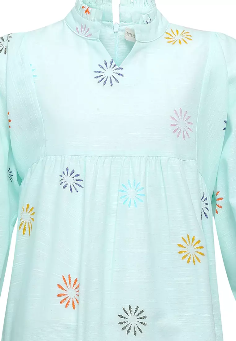 Pito Dito Girl Beirut Dress Panjang Anak Hijau Mint Motif Bunga