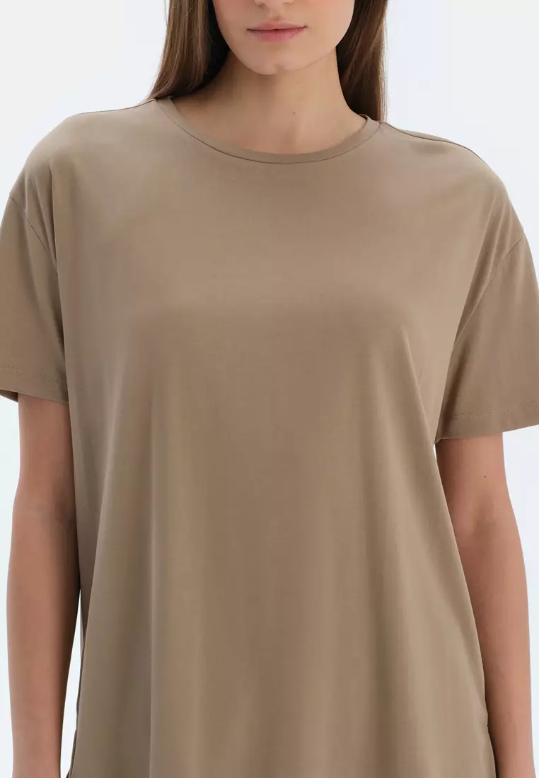Light Brown T-Shirt, Crew Neck, Regular, Short Sleeve Loungewear for Women